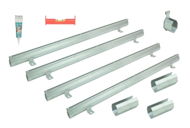 Schlitzrinnen Set 4 Stück Edelstahl 1 Meter Bauhöhe 75mm, 3 x Verbinder, 1 x Endstück, 1 x Dichtmittel, 1 x Schnurwasserwaage
